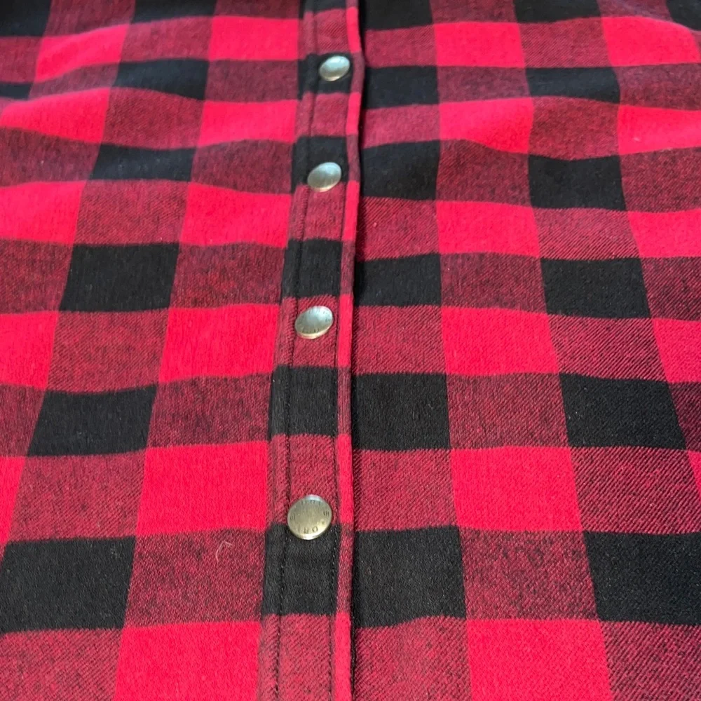 Orvis Buffalo Plaid Fleece Lined Shacket Red Black Snap Button Shirt Jacket L
